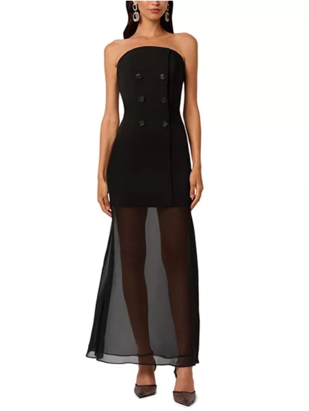 Strapless Black Sheer-Hem Evening Dress with Decorative Buttons